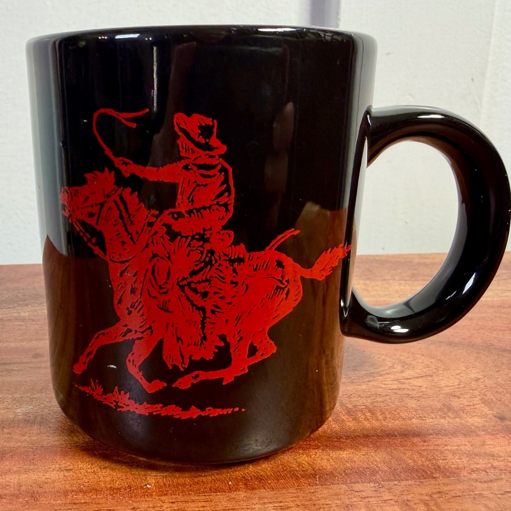 Vintage Marlboro Cowboy Bronco Coffee Mug Black Red Ceramic Western Collectible